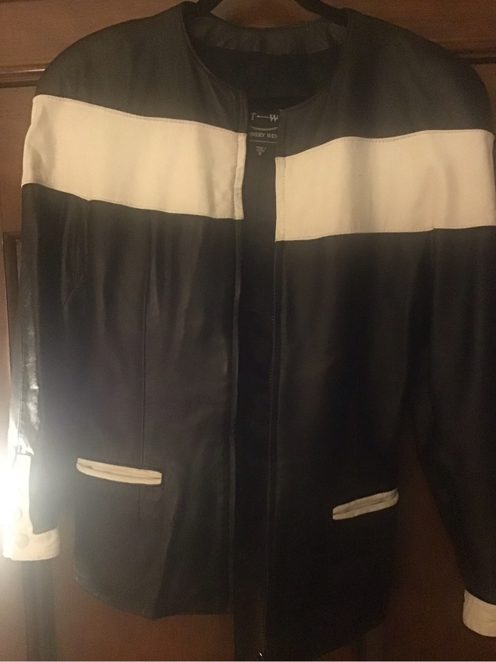 Tannery West Black Leather Jacket with White Contrast Panels